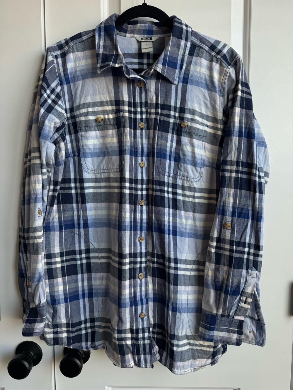 Duluth Trading Co Blue Plaid Flannel Tunic Top w/ Side Pockets - Large